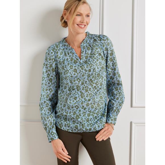 TALBOTS Ditsy Floral Smoked Top Gathered Ruffle Neckline Blouse Blue Green Sz M - Picture 1 of 8